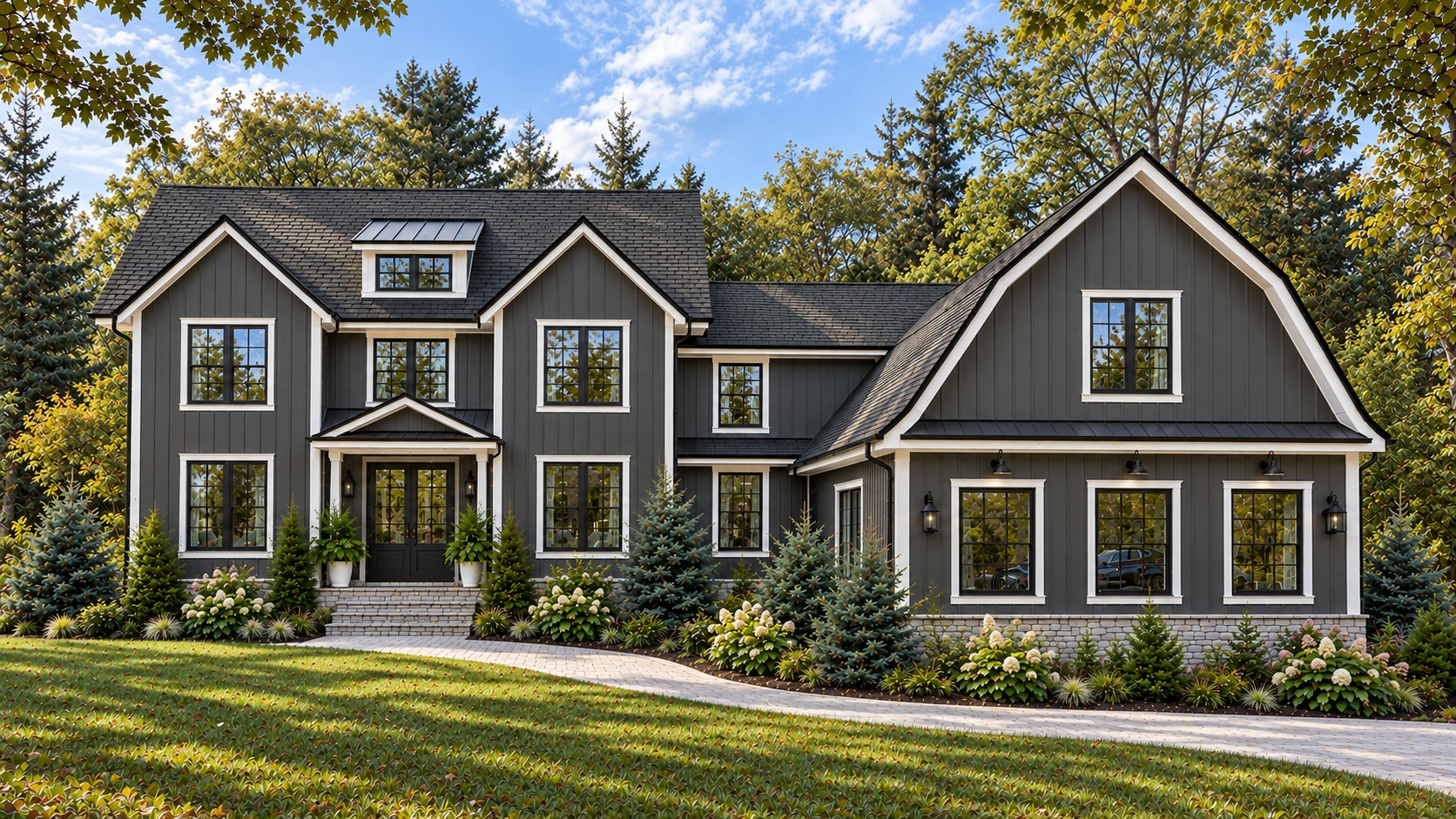 Artist's rendering of the proposed residence at 5 O'Grady Court: a two-story modern farmhouse in charcoal board-and-batten with black windows, joined to the gambrel-roof carriage house